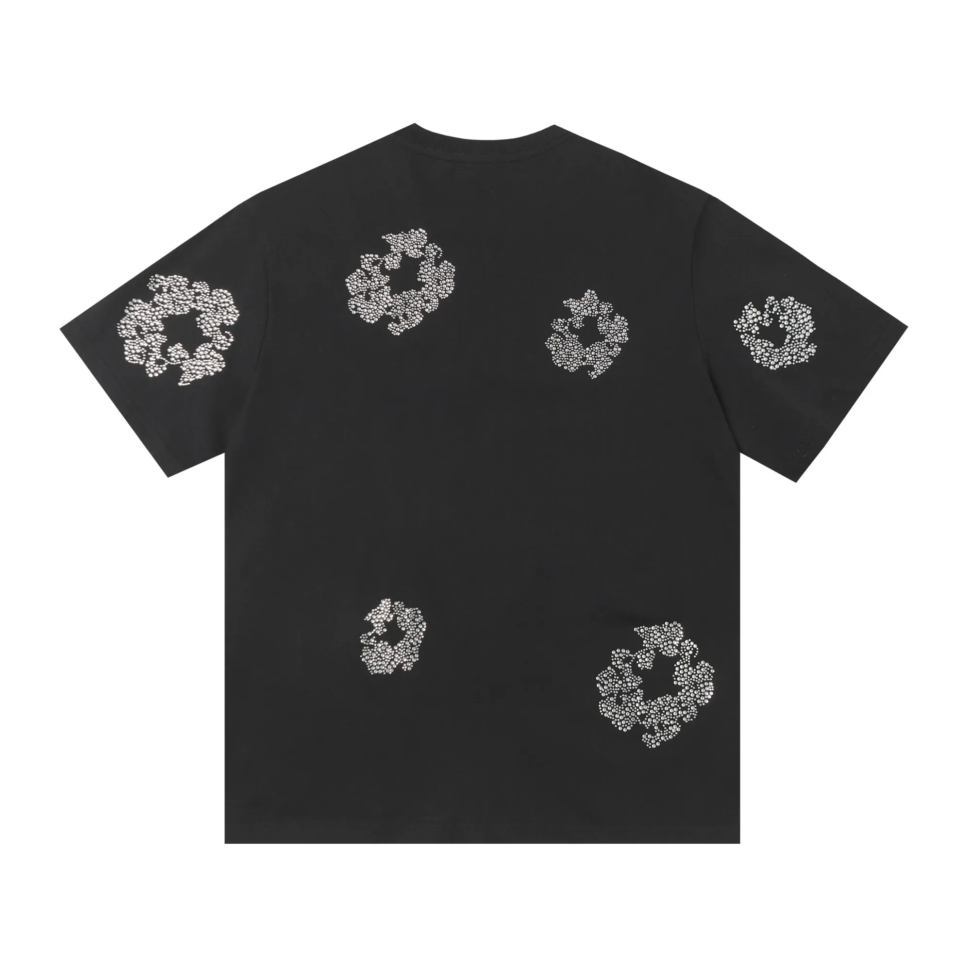 P104 205#DENIM TEARS Kapok European and American trendy brand high-quality crystal hot diamond short-sleeved suit Color: Black Gray Rose Red Size S-XL